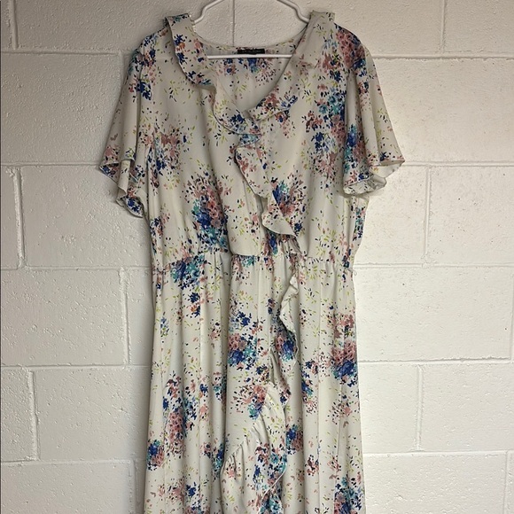 As U Wish Cream and Blue Ruffled Wrap Midi Dress - Picture 1 of 7